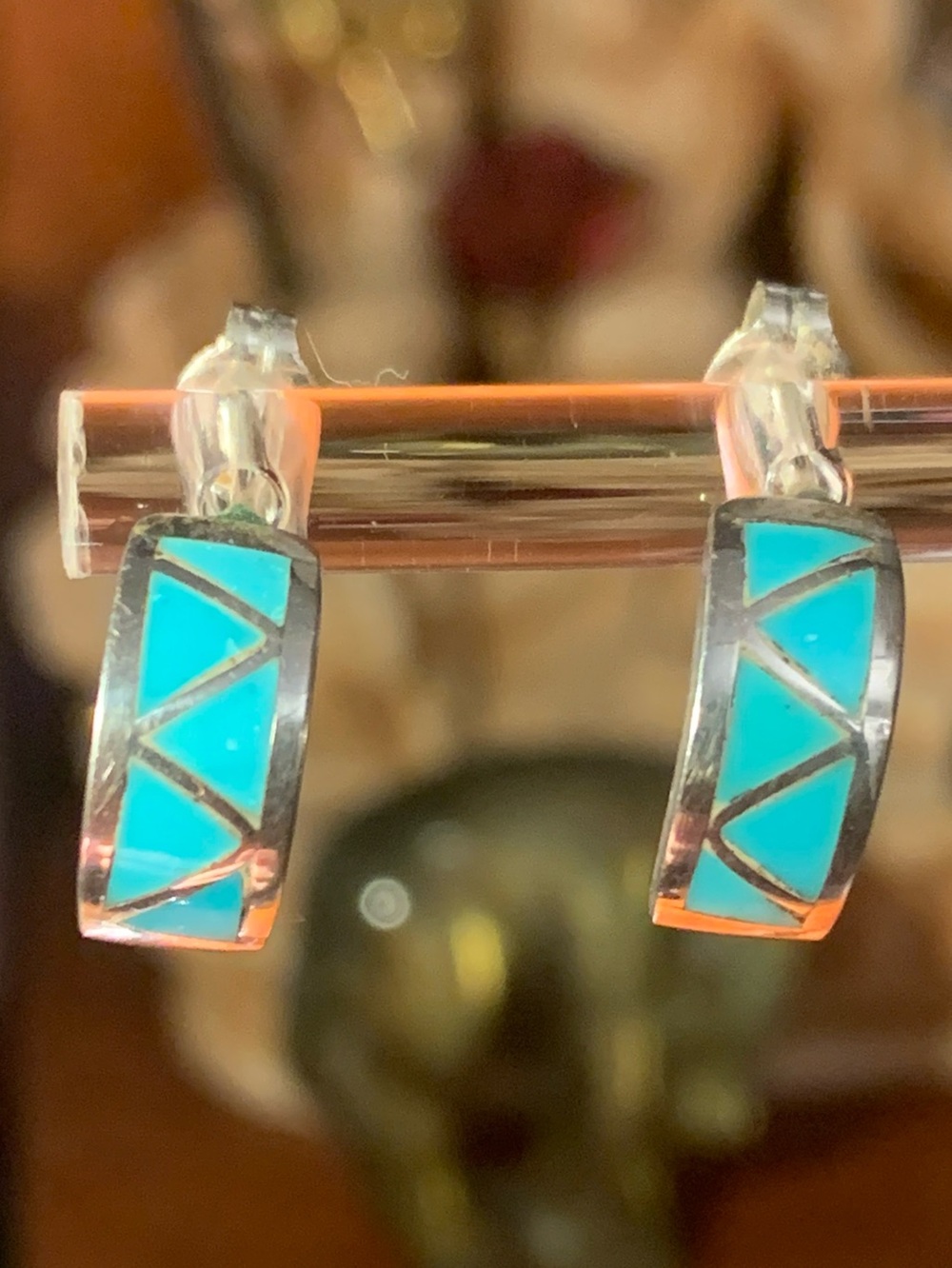 Vintage Zuni Half Hoop Turquoise Channel Inlay Post 1.15 grams